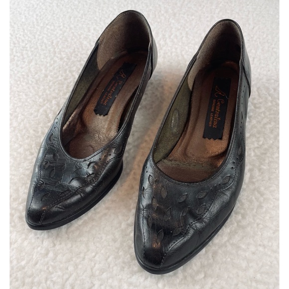 (VTG) CENTRALINA • Black Genuine Leather Pointed Toe Kitten Heels - Picture 12 of 16